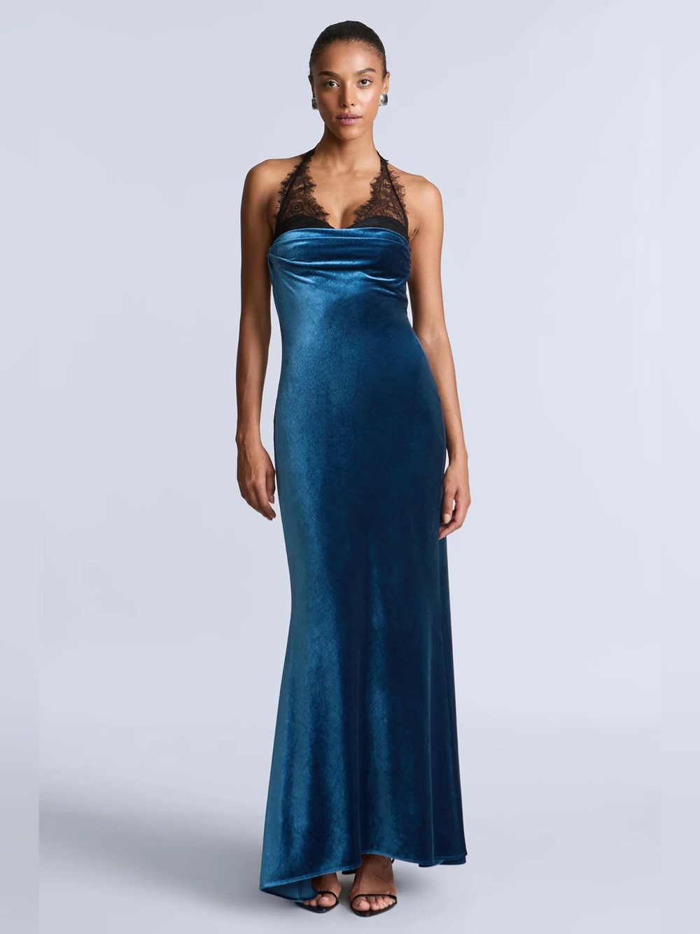 BCBGMaxAzria Teal Velvet Halter Maxi Dress with Black Lace